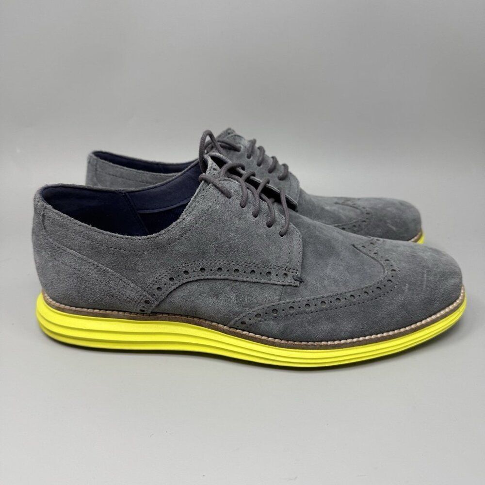 ColeāHaan LunarGrand Wingtip Mens 9W Gray Suede with Volt Yellow Sole C28220